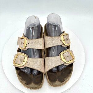 Birkenstock Arizona Women Size 9 Cream Brown Leather Big Gold Buckle Sandal
